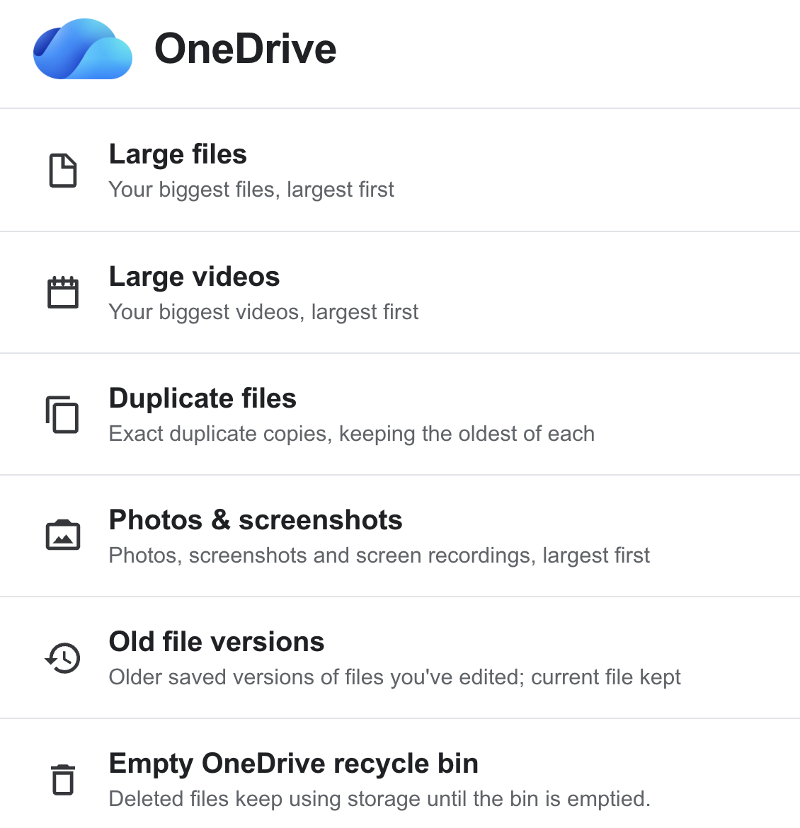OneDrive Cleanup interface preview.