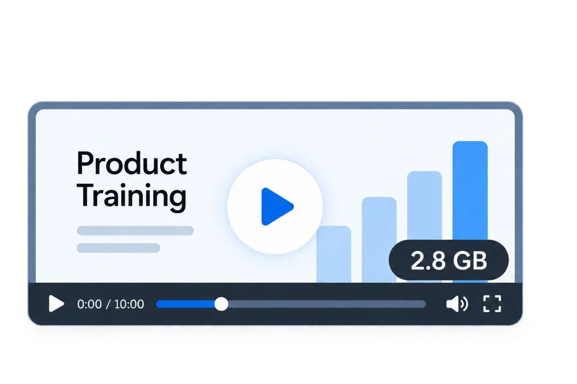 Product-training video preview with storage-size badge