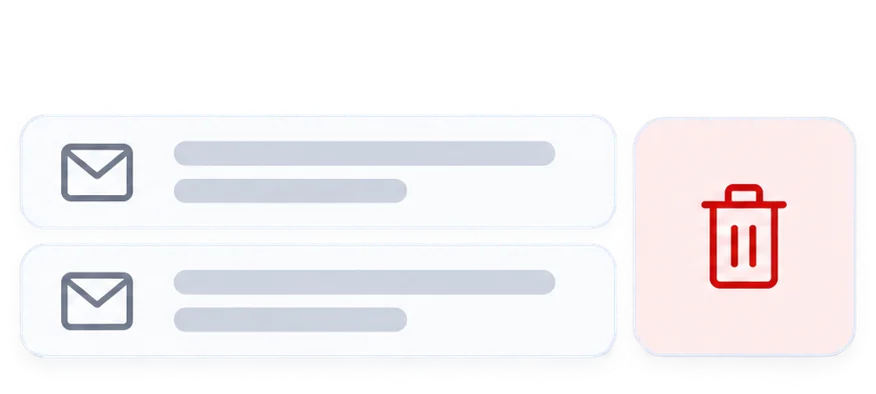 Deleted email rows beside an outlined trash can