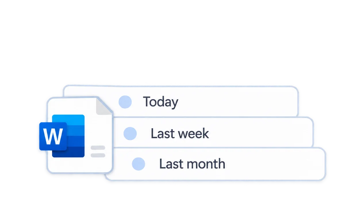 Word document beside Today, Last week, and Last month version rows